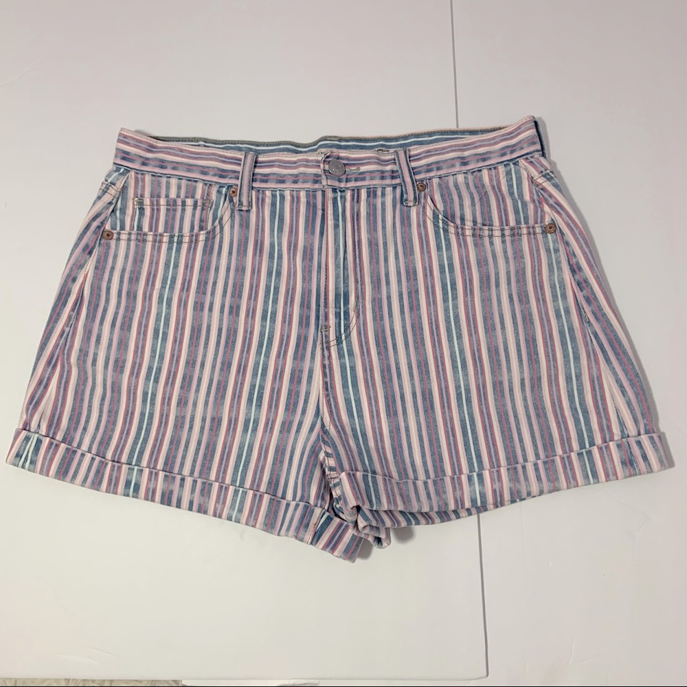New! American Eagle High Rise Jean Shorts Pink Blue White Vertical Stripes